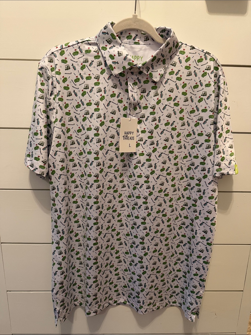 Happy Threads Men’s White Golf Print Polo
